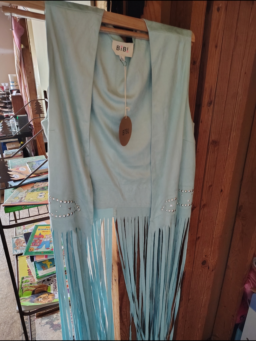 BiBi Light Blue Suede Fringe Vest